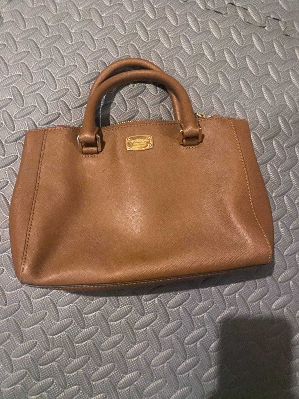 Michael Kors Brown Tan Saffiano Leather Satchel Top Handle Bag Gold Hardware